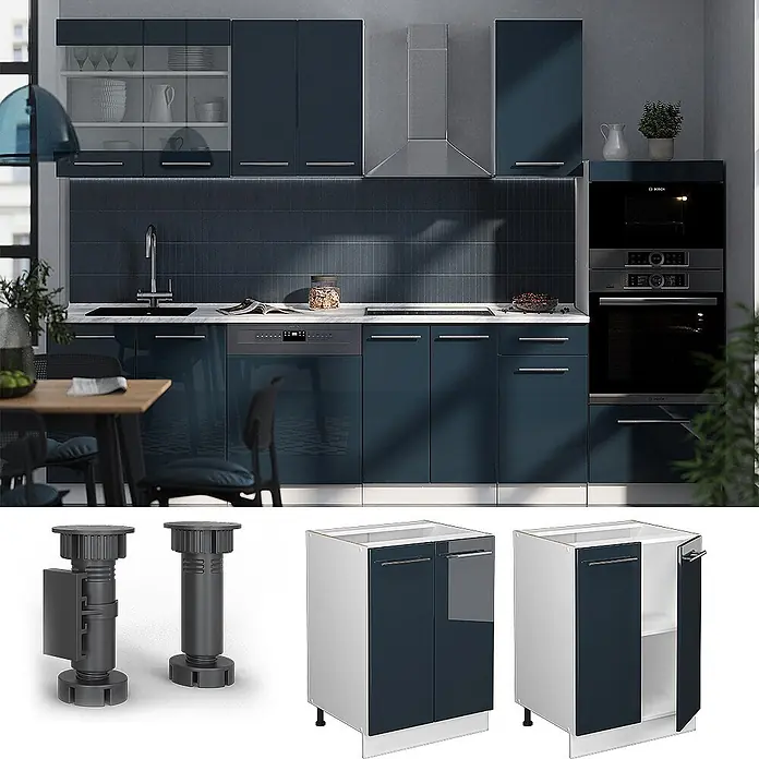 Vicco Schrankküche Fame-Line Dunkelblau Hochglanz ohne Arbeitsplatte - Dunkelblau Hochglanz, Unterschrank 60 cm - Moderne Küche mit dunkelblauen Hochglanzschränken, weißen Arbeitsplatten und Einbaugeräten. Modulare Unterschränke und verstellbare Füße.