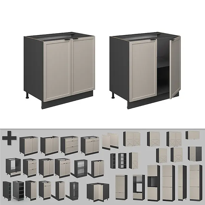 Vicco Schrankküche Fame-Line GrauBeige mit Regal, AP Eiche - GrauBeige, Unterschrank 80 cm, AP Eiche - Modulares Küchenschranksystem mit dunkelgrauen Korpen und hellbeigen Türen, in verschiedenen Konfigurationen.