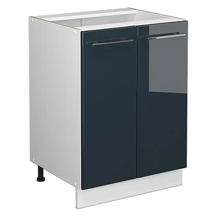 Vicco Schrankküche Fame-Line Dunkelblau Hochglanz ohne Arbeitsplatte - Dunkelblau Hochglanz, Unterschrank 60 cm - Dunkelblauer Hochglanz-Küchenunterschrank mit zwei Türen, silbernen Griffen und weißem Korpus.