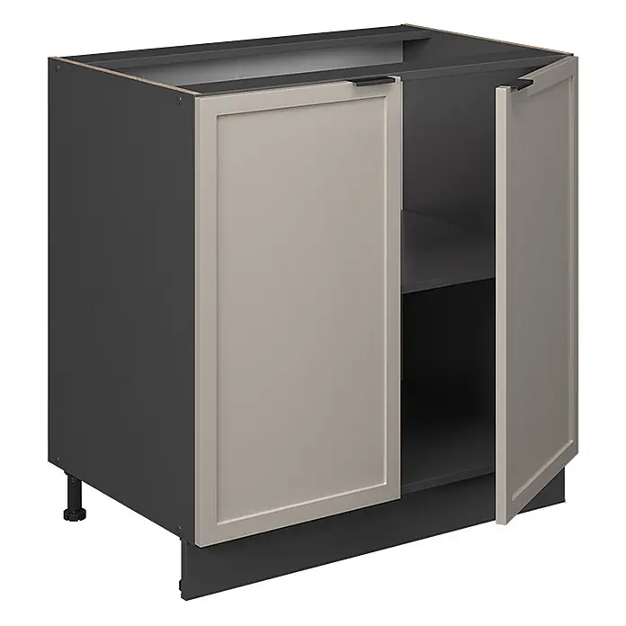 Vicco Schrankküche Fame-Line GrauBeige mit Regal, AP Eiche - GrauBeige, Unterschrank 80 cm, AP Eiche - Dunkelgrauer Unterschrank mit zwei hellbeigen Türen, schwarzen Griffen, Innenregal, auf verstellbaren Beinen und Sockel.