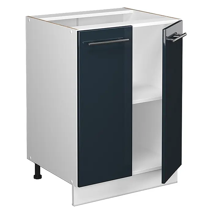 Vicco Schrankküche Fame-Line Dunkelblau Hochglanz ohne Arbeitsplatte - Dunkelblau Hochglanz, Unterschrank 60 cm - Weißer Küchenunterschrank mit zwei dunkelblauen Hochglanztüren und silbernen Griffen, eine Tür offen, mit Einlegeboden.