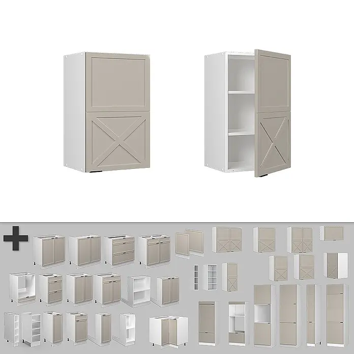 Vicco Schrankküche Fame-Line GrauBeige - GrauBeige, Hängeschrank 45 cm - Hoher weißer Küchenschrank mit beigefarbenen Türen, die untere Tür mit X-Streben-Design. Ein Schrank ist offen mit Regalen gezeigt.
