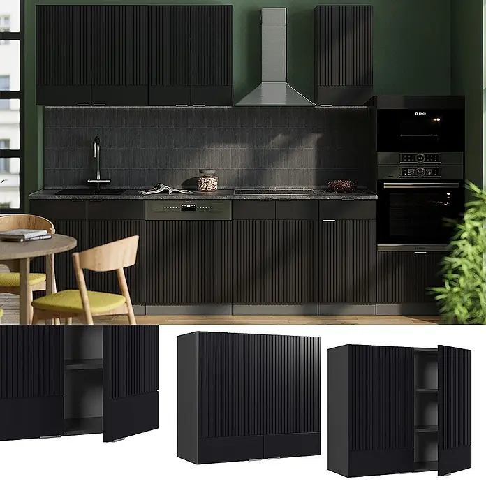 Vicco Schrankküche Fame-Line Schwarz gestreift - Schwarz gestreift, Hängeschrank 80 cm - Schwarze geriffelte Küchenschränke als Ober- und Unterschränke, integriert mit Geräten in einer modernen Küche.