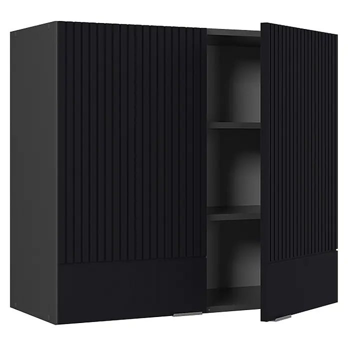 Vicco Schrankküche Fame-Line Schwarz gestreift - Schwarz gestreift, Hängeschrank 80 cm - Schwarzer Wandschrank mit geriffelten Türen, eine Tür geöffnet, zeigt zwei Innenböden.