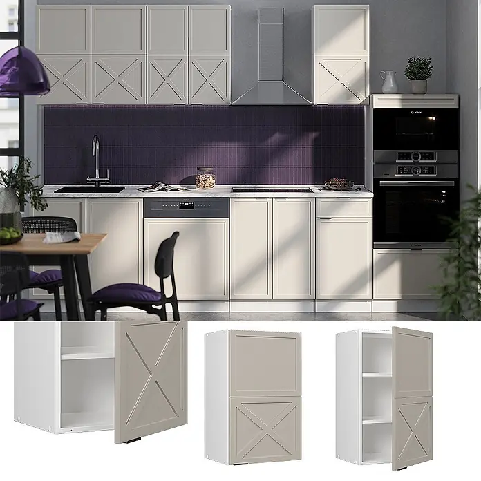 Vicco Schrankküche Fame-Line GrauBeige - GrauBeige, Hängeschrank 45 cm - Helle beige Küchenschränke mit X-förmigen Türfronten, integriert in eine moderne Küche.