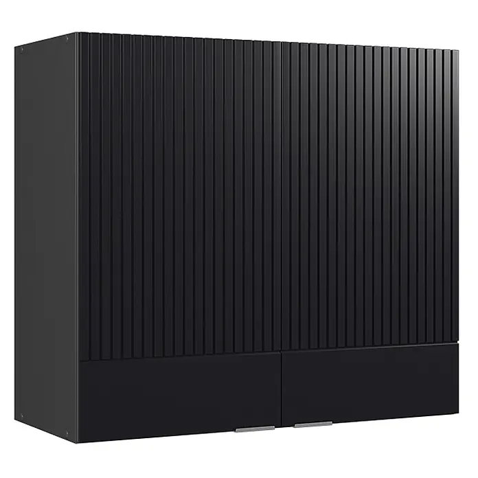 Vicco Schrankküche Fame-Line Schwarz gestreift - Schwarz gestreift, Hängeschrank 80 cm - Dunkler geriffelter Aufbewahrungsschrank mit zwei Türen und glatten Unterteilen, akzentuiert durch dezente silberne Griffe.