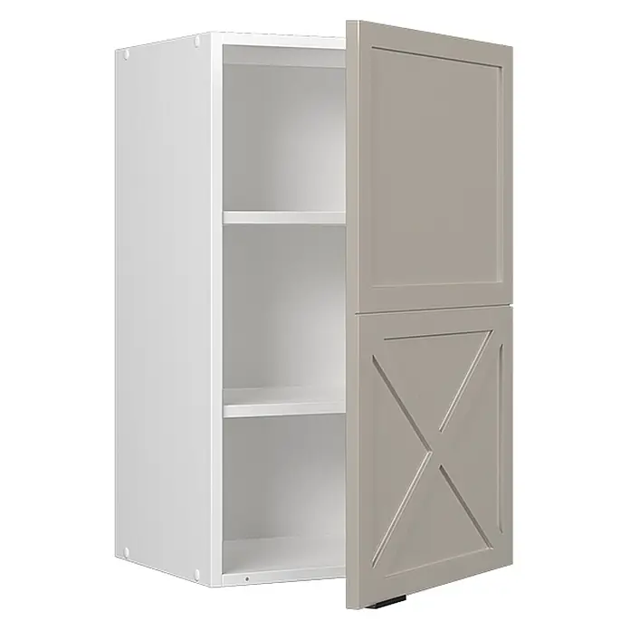 Vicco Schrankküche Fame-Line GrauBeige - GrauBeige, Hängeschrank 45 cm - Weißer Wandschrank mit zwei hellgrauen Türen, einer Shaker- und einer X-Muster-Tür, Regale innen sichtbar.
