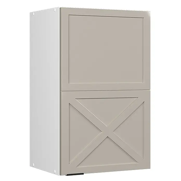 Vicco Schrankküche Fame-Line GrauBeige - GrauBeige, Hängeschrank 45 cm - Heller grauer Schrank mit zwei Türen; obere Tür im Paneel-Stil, untere Tür mit dekorativem X-Muster.