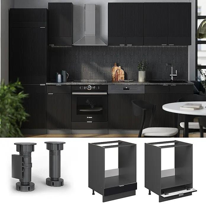 Vicco Schrankküche Fame-Line Schwarz gestreift, AP Marmor - Schwarz gestreift, Herdumbauschrank 60 cm, AP Marmor - Verstellbare dunkelgraue Kunststoff-Möbelfüße und graue Küchenunterschränke mit ausziehbaren Sockeln, einer als Schublade, in schwarzer Küche.