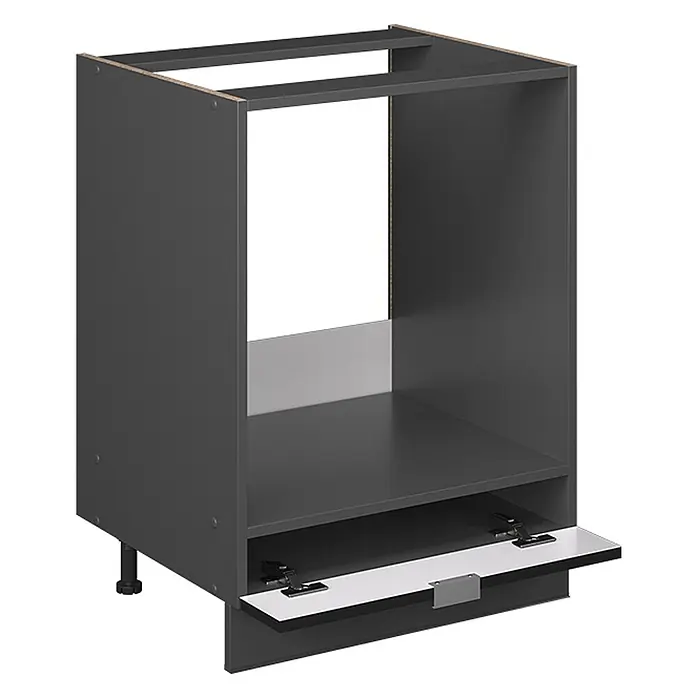 Vicco Schrankküche Fame-Line Schwarz gestreift, AP Marmor - Schwarz gestreift, Herdumbauschrank 60 cm, AP Marmor - Dunkelgrauer Unterschrank für Einbaubackofen, mit offener Unterklappe und verstellbaren Füßen.