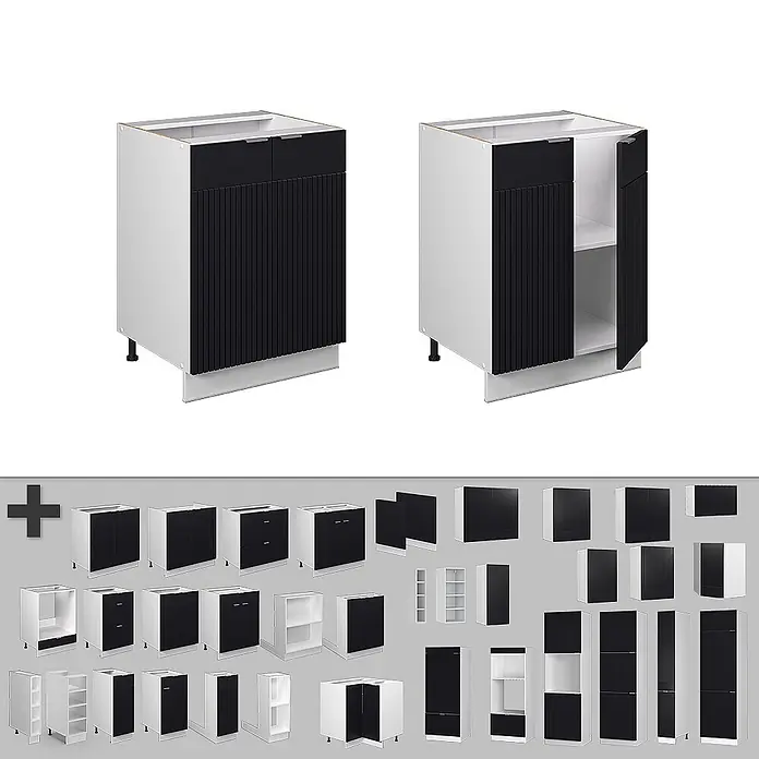 Vicco Küchenunterschrank Fame-Line, Schwarz gestreift, 60 cm -  - Modulare Küchenschränke mit schwarzen geriffelten Fronten und weißen Rahmen, inklusive Unter-, Wand- und Hochschränken, teils offen.