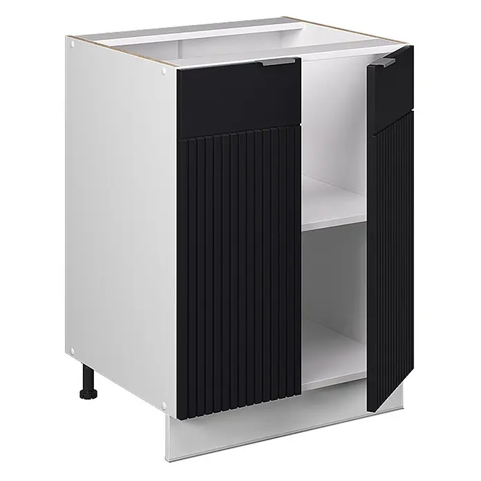 Vicco Küchenunterschrank Fame-Line, Schwarz gestreift, 60 cm -  - Weißer Küchenunterschrank mit schwarzen geriffelten Türen, eine Tür offenbart ein Innenregal und silberne Griffe.