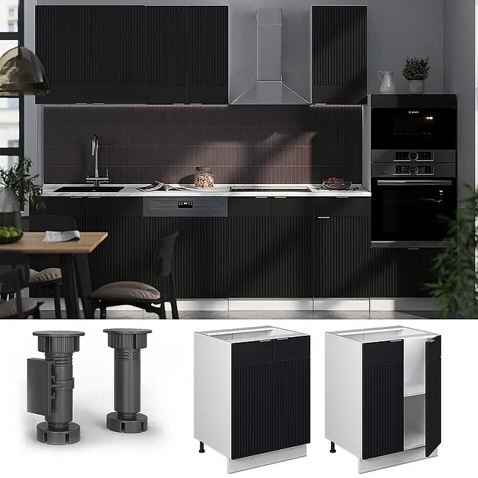 Vicco Schrankküche Fame-Line Schwarz gestreift ohne Arbeitsplatte - Schwarz gestreift, Unterschrank 60 cm - Moderne schwarze Küche mit geriffelten Schrankfronten, integrierten Geräten und Schrankfüßen.
