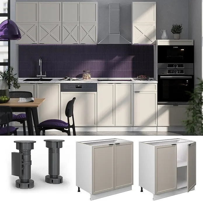 Vicco Schrankküche Fame-Line GrauBeige mit Regal, ohne Arbeitsplatte - GrauBeige, Unterschrank 80 cm - Hellebeige Unterschränke mit Kassettentüren und dunkelgrauen verstellbaren Füßen, in einer modernen Küche gezeigt.