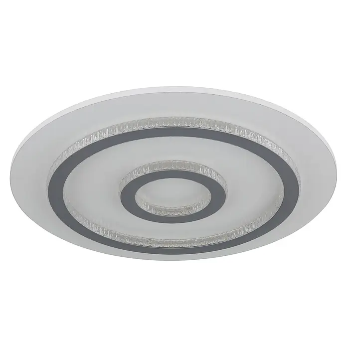 Globo LED-Deckenleuchte rund Jayden - 40 W, Ø x H: 45 x 5,5 cm - Weiße runde LED-Deckenleuchte mit konzentrischen grauen Ringen und klaren Kristallakzenten.