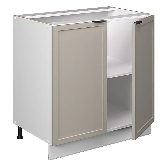 Vicco Schrankküche Fame-Line GrauBeige mit Regal, ohne Arbeitsplatte - GrauBeige, Unterschrank 80 cm - Weißer Küchenunterschrank mit zwei beigen Türen, Ablage und schwarzen Füßen. Eine Tür ist geöffnet.