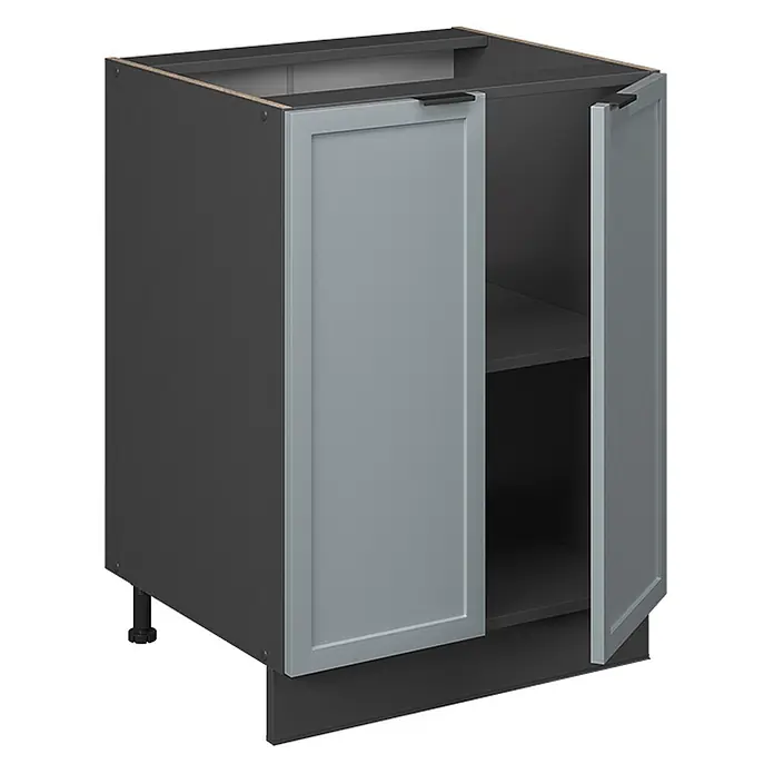 Vicco Schrankküche Fame-Line Hellblau-grau ohne Arbeitsplatte - Hellblau-grau, Unterschrank 60 cm - Dunkelgrauer Küchenunterschrank mit hellgrauen Shaker-Türen, schwarzen Griffen und verstellbaren Füßen. Türen sind leicht geöffnet und zeigen ein Fach.