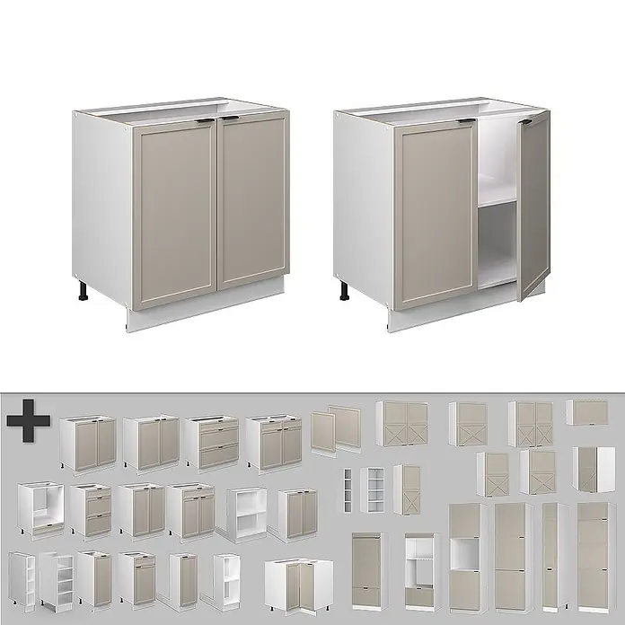 Vicco Schrankküche Fame-Line GrauBeige mit Regal, ohne Arbeitsplatte - GrauBeige, Unterschrank 80 cm - Modulare Küchenschränke: hellbeige Türen, weiße Korpusse. Verschiedene Unterschränke, Schubladen, offene Regale und Hochschränke.
