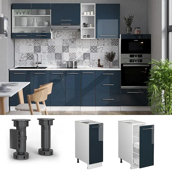 Vicco Schrankküche Fame-Line Dunkelblau Hochglanz, AP Eiche - Dunkelblau Hochglanz, Apothekerunterschrank 30 cm, AP Eiche - Modulare Küche mit glänzenden blauen Schränken, weißen Arbeitsplatten und integrierten Geräten. Inklusive verstellbarer Beine und Auszugsschrank.