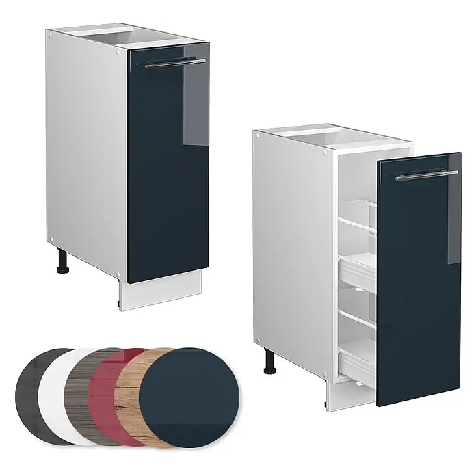 Vicco Schrankküche Fame-Line Dunkelblau Hochglanz, AP Eiche - Dunkelblau Hochglanz, Apothekerunterschrank 30 cm, AP Eiche - Hoher Küchenunterschrank mit glänzender petrolblauer Front, geschlossen und offen mit Auszügen gezeigt.