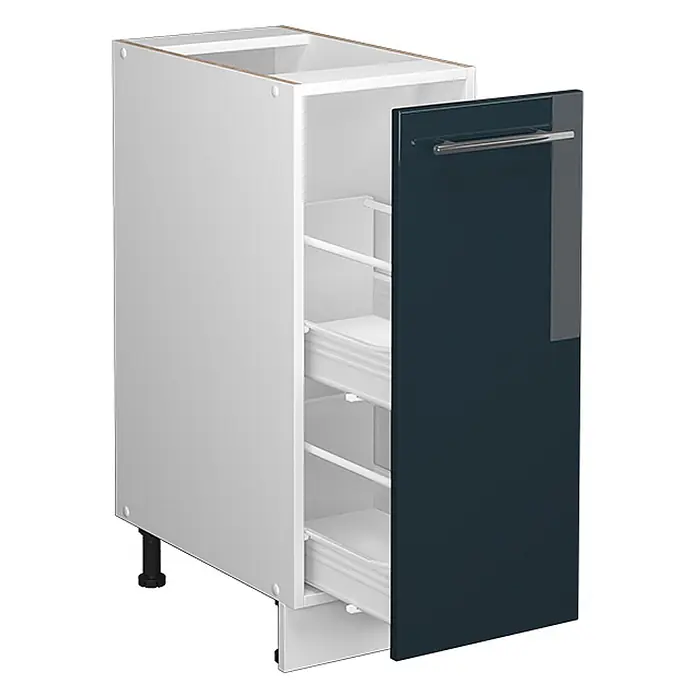 Vicco Schrankküche Fame-Line Dunkelblau Hochglanz, AP Eiche - Dunkelblau Hochglanz, Apothekerunterschrank 30 cm, AP Eiche - Weißer Küchenunterschrank mit dunkelblauer Tür, silbernem Griff und ausziehbaren Regalen.