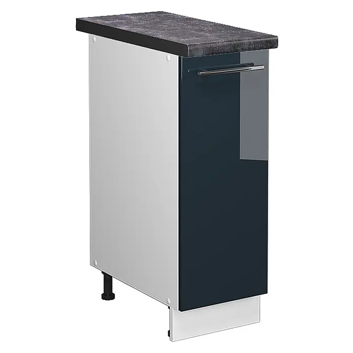 Vicco Schrankküche Fame-Line Dunkelblau Hochglanz, AP Anthrazit - Dunkelblau Hochglanz, Apothekerunterschrank 30 cm, AP Anthrazit - Schmaler Küchenunterschrank mit dunkelgrauer Platte, hellgrauer Seite und glänzender dunkelblauer Tür mit silbernem Griff.