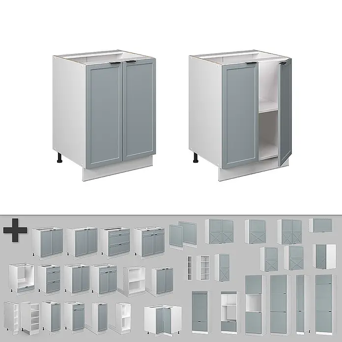 Vicco Schrankküche Fame-Line Hellblau-grau, AP Marmor - Hellblau-grau, Unterschrank 60 cm, AP Marmor - Modulare Küchenschränke in Weiß und Grau, verschiedene Unter-, Ober- und Vorratsschränke für individuelle Küchengestaltung.