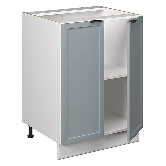 Vicco Schrankküche Fame-Line Hellblau-grau, AP Marmor - Hellblau-grau, Unterschrank 60 cm, AP Marmor - Weißer Küchenunterschrank mit zwei hellgrauen Shaker-Türen, schwarzen Griffen und einem Einlegeboden.