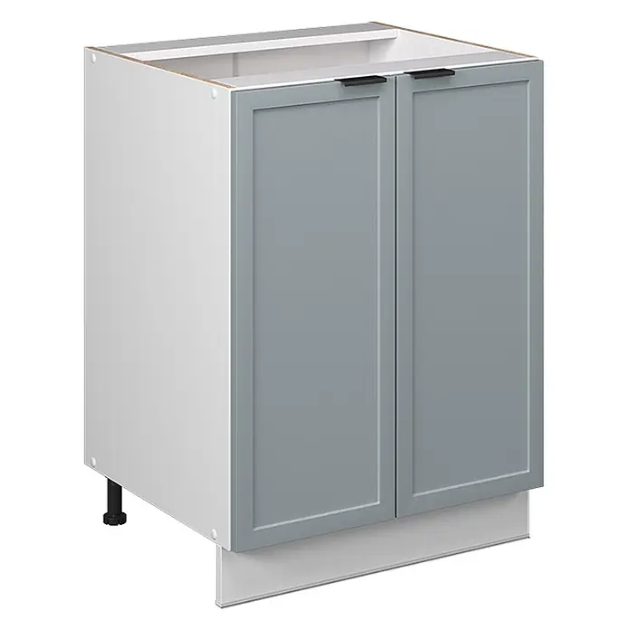 Vicco Schrankküche Fame-Line Hellblau-grau ohne Arbeitsplatte - Hellblau-grau, Unterschrank 60 cm - Weißer Küchenunterschrank mit zwei grauen Kassettentüren, schwarzen Griffen und weißer Sockelblende zur Montage.
