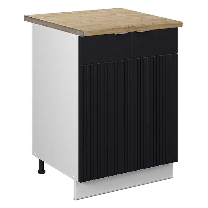 Vicco Küchenunterschrank Fame-Line, Schwarz gestreift, 60 cm -  - Schwarzer und weißer Küchenschrank mit heller Holzplatte, zwei schwarzen Schubladen und gerillten Untertüren.