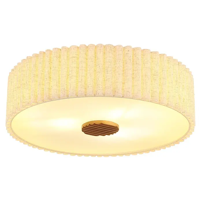 Globo Deckenleuchte rund Jannie - 40 W, Ø x H: 500 x 162 mm, E27 - Runde Deckenleuchte mit cremefarbenem plissiertem Stoffschirm und warmem Licht, mit Holzdetail in der Mitte.