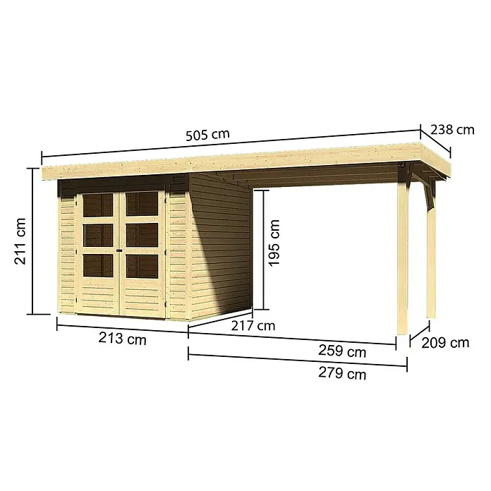 Karibu Gartenhaus Askola - Außenmaß inkl. Dachüberstand (B x T): 504,5 x 238 cm, Holz, Natur, Mit Anbaudach - Ansicht des Holzschuppens mit Überdachung und Maßangaben zu Länge, Breite und Höhe des Gartenhauses.