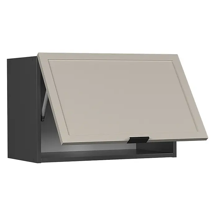 Vicco Schrankküche Fame-Line GrauBeige Flach - GrauBeige, Hängeschrank (flach) 60 cm - Hängeoberschrank in Hellbeige mit dunklem Korpus, nach oben öffnender Tür und schwarzem Griff, gestützt von einer Gasdruckfeder.