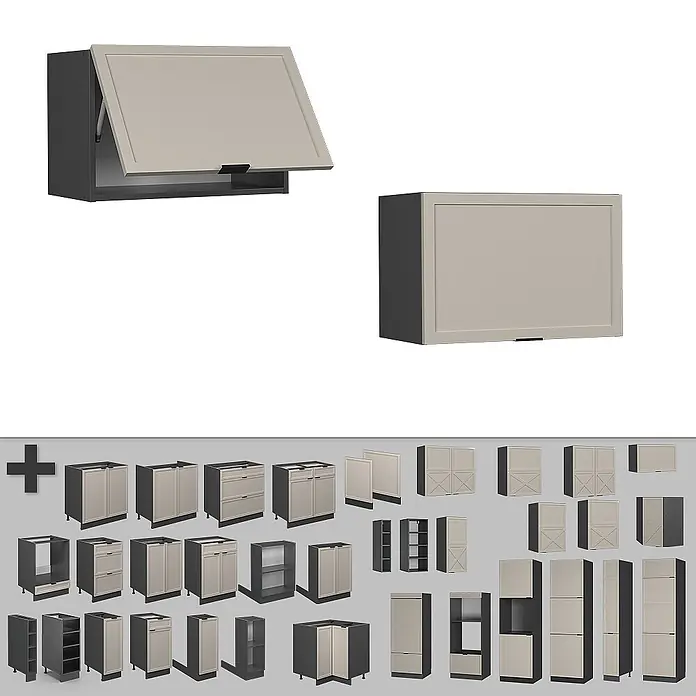 Vicco Schrankküche Fame-Line GrauBeige Flach - GrauBeige, Hängeschrank (flach) 60 cm - Modulare Küchenschränke in Dunkelgrau mit hellbeigen Fronten, inklusive diverser Unter-, Ober- und Hochschränke.