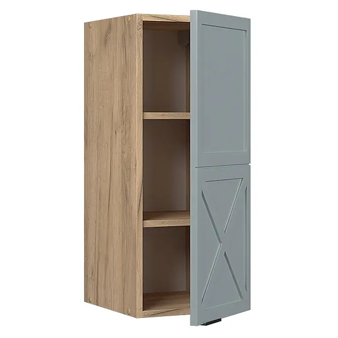 Vicco Schrankküche Fame-Line Hellblau-grau - Hellblau-grau, Hängeschrank 30 cm - Hängeschrank in rustikaler Holzoptik mit grauer Tür und X-Muster. Mit offenen Regalen.