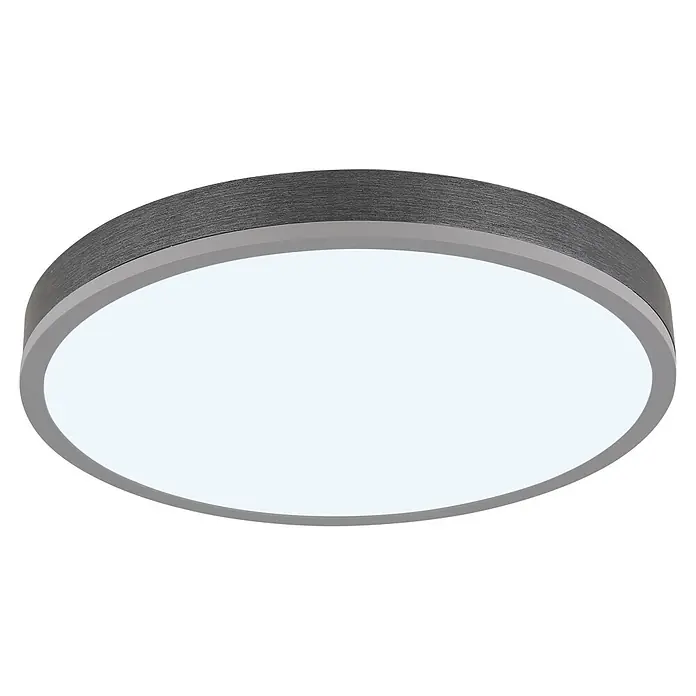 Globo LED-Panel Doro - 24 W - Runde flache Deckenleuchte mit dunklem strukturiertem Rand, grauem Rahmen und weißem Diffusor.