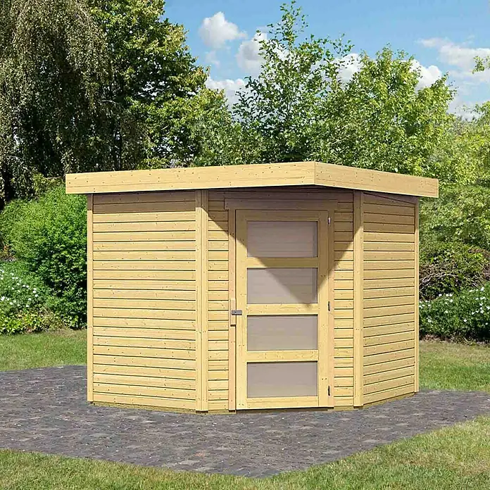 Karibu Gartenhaus Schwandorf 5 - Außenmaß inkl. Dachüberstand (B x T): 268 x 262 cm, Holz, Natur - Ein modernes Gartenhaus aus Holz mit einer Tür mit Glaspaneelen, ideal für die Aufbewahrung von Gartengeräten oder als Rückzugsort.