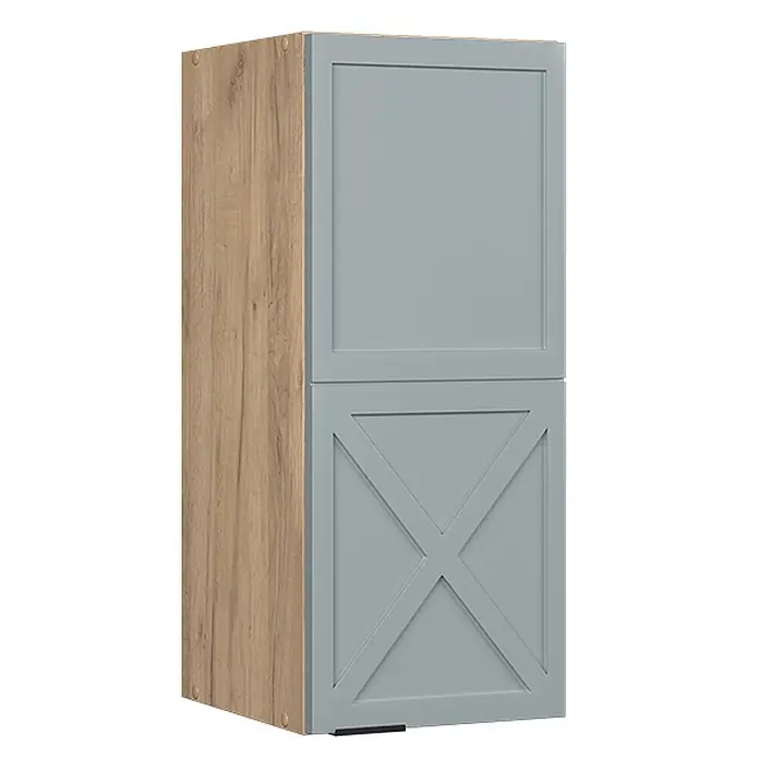 Vicco Schrankküche Fame-Line Hellblau-grau - Hellblau-grau, Hängeschrank 30 cm - Hoher zweitüriger Schrank mit heller Holzmaserung an der Seite und blau-grauen Türen, die untere mit X-Design.