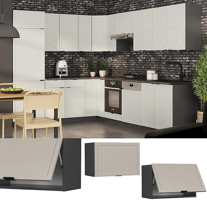 Vicco Schrankküche Fame-Line GrauBeige Flach - GrauBeige, Hängeschrank (flach) 60 cm - Moderne Küche mit hellen Schränken und dunklen Arbeitsplatten, inklusive hochklappbarem Oberschrank.