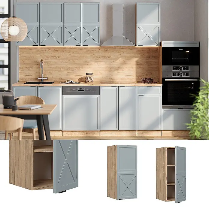 Vicco Schrankküche Fame-Line Hellblau-grau - Hellblau-grau, Hängeschrank 30 cm - Hellblaue Küchenschränke mit dekorativen X-Muster-Türen und hellen Holzdetails in einer modernen Küche.