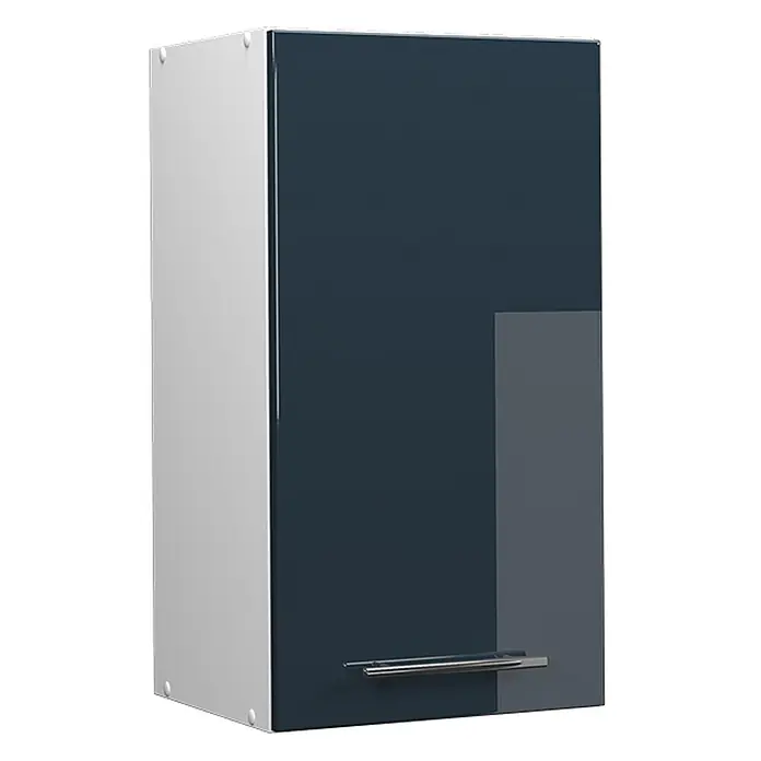 Vicco Schrankküche Fame-Line Dunkelblau Hochglanz - Breite: 40 cm, Dunkelblau Hochglanz, Hängeschrank 40 cm - Dunkelblauer glänzender Küchenwandschrank mit hellgrauer Seite und silbernem Griff.