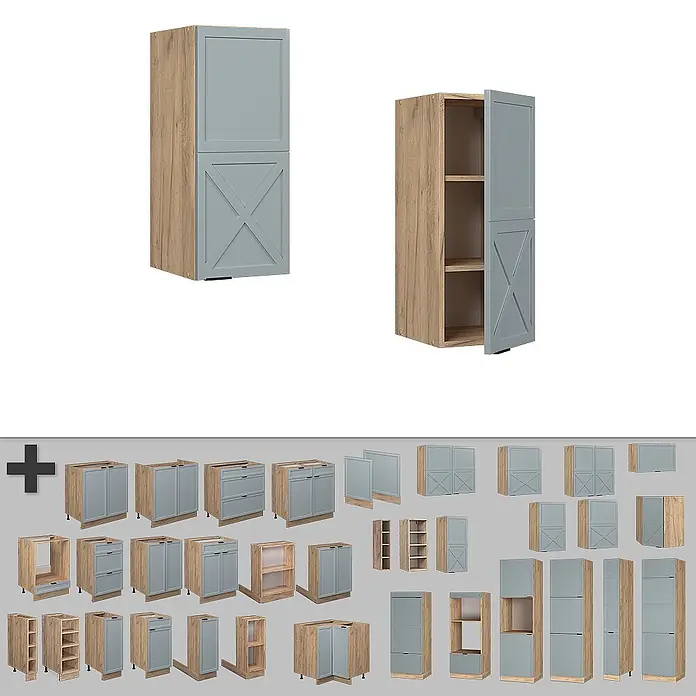 Vicco Schrankküche Fame-Line Hellblau-grau - Hellblau-grau, Hängeschrank 30 cm - Moderne Küchenschränke: heller Holzrahmen mit hellblau-grauen Türen, teils mit X-Muster. Verschiedene Hoch-, Unter- und Oberschränke abgebildet.
