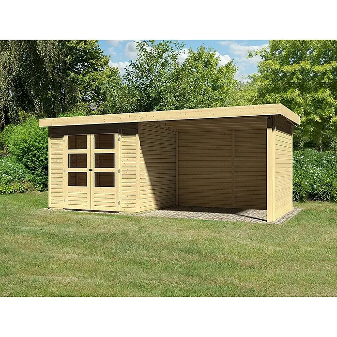 Karibu Gartenhaus Askola - Außenmaß inkl. Dachüberstand (B x T): 528,5 x 238 cm, Holz, Natur, Mit Anbau, Rück- und Seitenwand - Holzgartenhaus mit Doppeltüren und offenem Lagerraum unter einem langen Dach, ideal für Gartengeräte und als Wetterschutz.