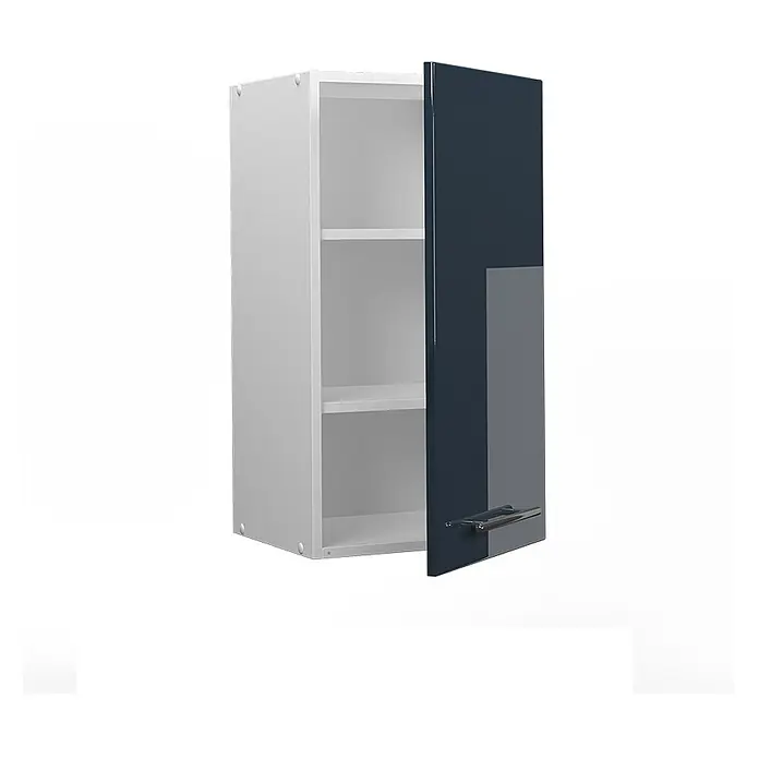 Vicco Schrankküche Fame-Line Dunkelblau Hochglanz - Breite: 40 cm, Dunkelblau Hochglanz, Hängeschrank 40 cm - Weißer Wandschrank mit offener hochglänzender dunkelblauer Tür und silbernem Griff, mit zwei Fächern.