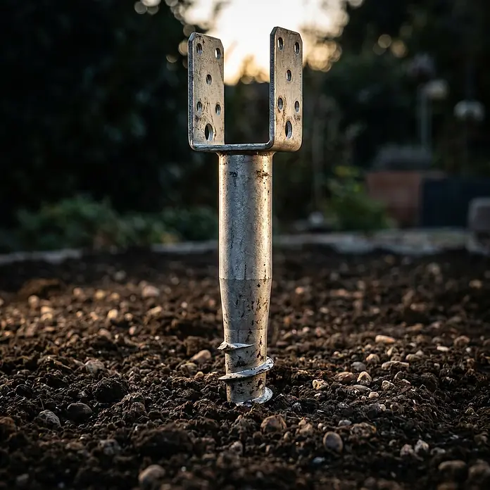 Krinner Bodendübel U-FIX 91 - Breite: 9 cm - Silberne Bodenschraube aus Metall für Fundamente, mit U-Pfostenträger, in dunkler Erde.