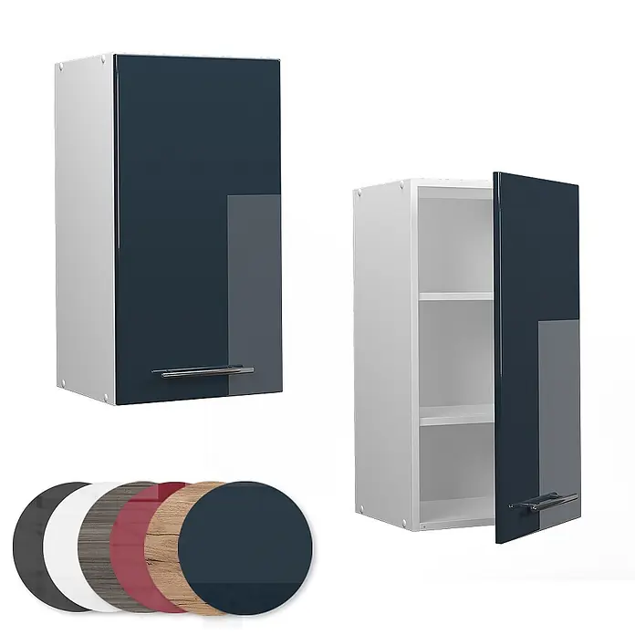 Vicco Schrankküche Fame-Line Dunkelblau Hochglanz - Breite: 40 cm, Dunkelblau Hochglanz, Hängeschrank 40 cm - Dunkelblauer Hochglanz Küchenhängeschrank mit Silbergriff, geschlossen und offen mit Einlegeböden gezeigt. Inklusive Farbmuster.