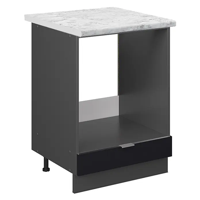 Vicco Schrankküche Fame-Line Schwarz gestreift, AP Marmor - Schwarz gestreift, Herdumbauschrank 60 cm, AP Marmor - Dunkelgrauer Küchenunterschrank mit weißer Marmorarbeitsplatte, offenem Fach und schwarzer Schublade/Blende unten.