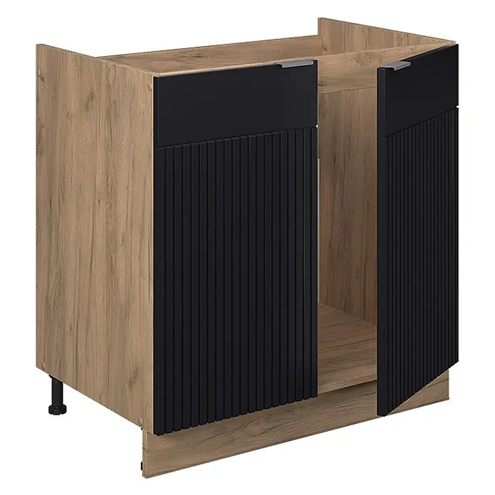 Vicco Spülenunterschrank Fame-Line, Schwarz gestreift, 80 cm -  - Küchenunterschrank mit Holzoptikrahmen und schwarzen gerillten Türen.