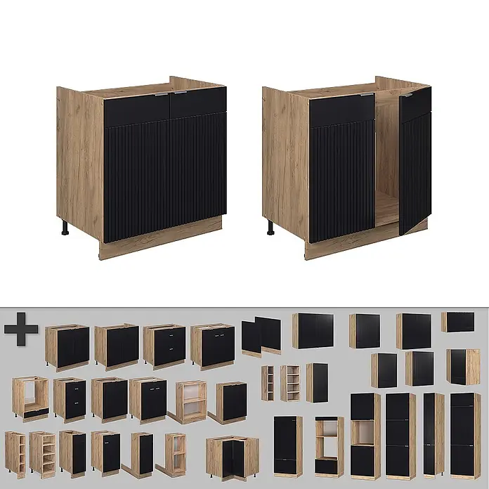 Vicco Spülenunterschrank Fame-Line, Schwarz gestreift, 80 cm -  - Küchenunterschränke und -module in Holzoptik mit schwarzen geriffelten und glatten Fronten.