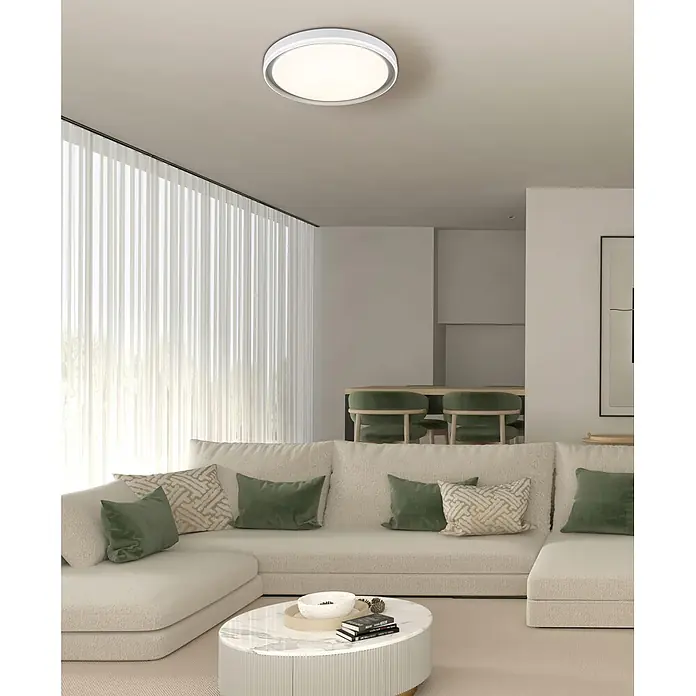 Globo LED-Deckenleuchte rund Janice - 48 W, Ø x H: 500 x 80 mm - Weiße, runde LED-Deckenleuchte, die ein modernes Wohnzimmer beleuchtet.